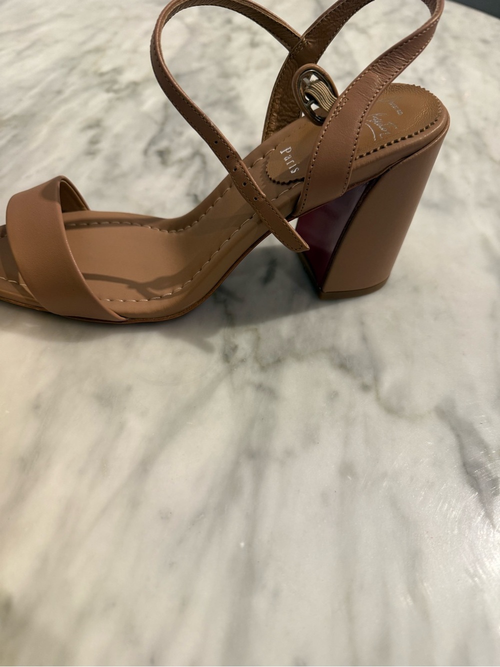 Christian Louboutin Nude/ beige Block Heel Sandals with Ankle Strap - Picture 2 of 8